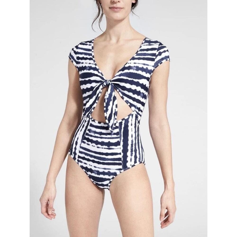 Athleta Swimsuit Womens Large Blue Tie Dye One Piece Cutout Tie Front Cap Sleeve
